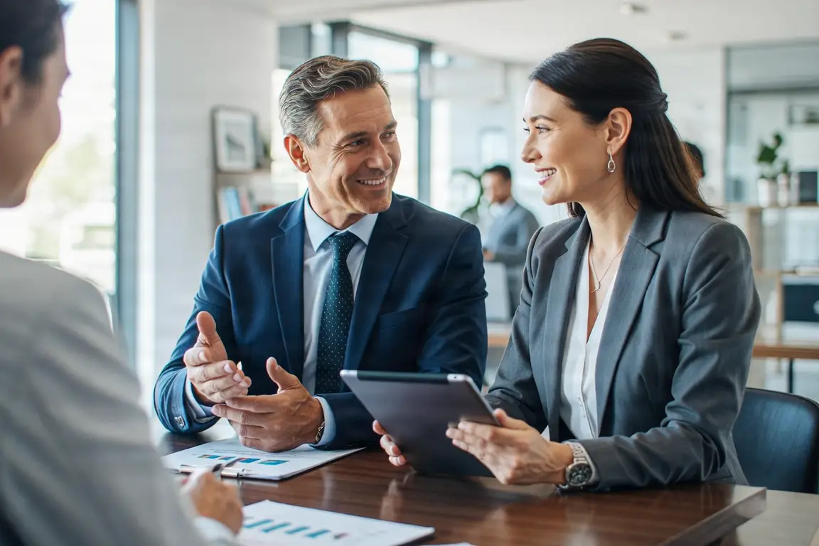 A professional team meeting in a modern office, with a man and woman smiling and discussing healthcare benefits.